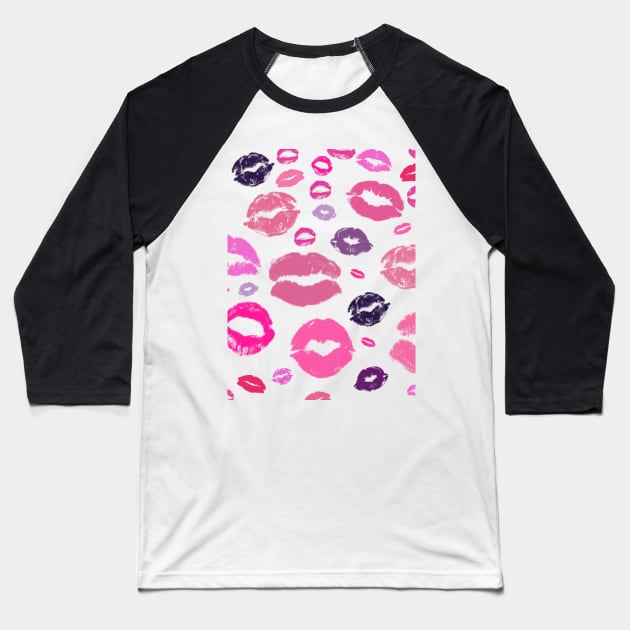 Kissing Lips Pattern in Pink Baseball T-Shirt by Hispaniola-Fineart